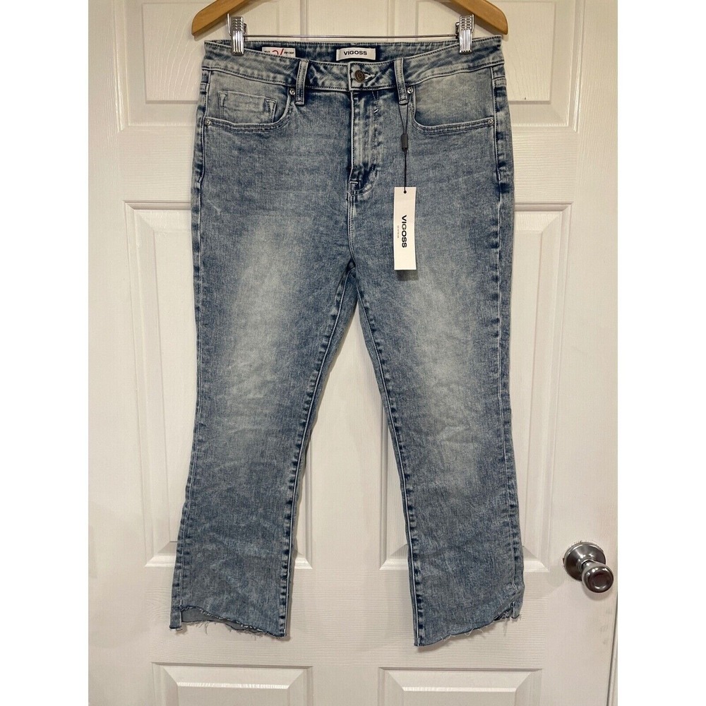 Crop Jeans Acid Wash Denim NEW Vigoss Miley Pop Flare Raw Hem 31 12